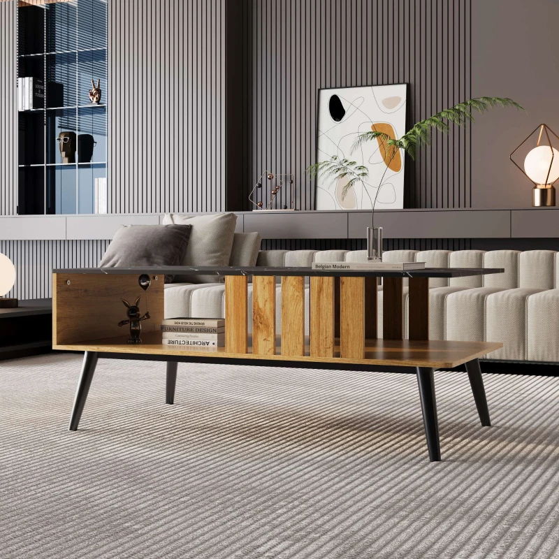 Table Basse de Salon Moderne en Style Patchwork, Design avec Bords en PVC, Huit Pieds, Modèle Structuré, , Entretien Facile, 90x54x40 cm, Bois Naturel