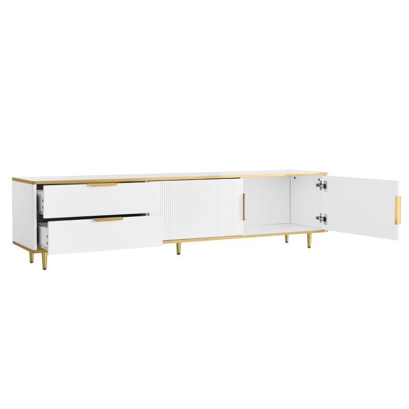 Meuble TV Bas avec Texture Sculptée, Poignées et Pieds Dorés, Structure Effet Marbre pour Salon, 175x40x45 cm - Style Scandinave, Blanc