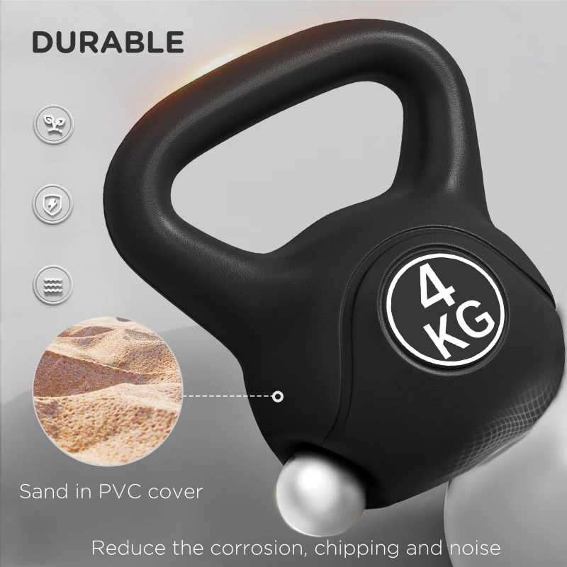 HOMCOM Kettlebell de 4kg pentru Sport și Fitness cu Bază Plată și Mâner, Greutate Kettlebell, 18x12x20 cm, Negru