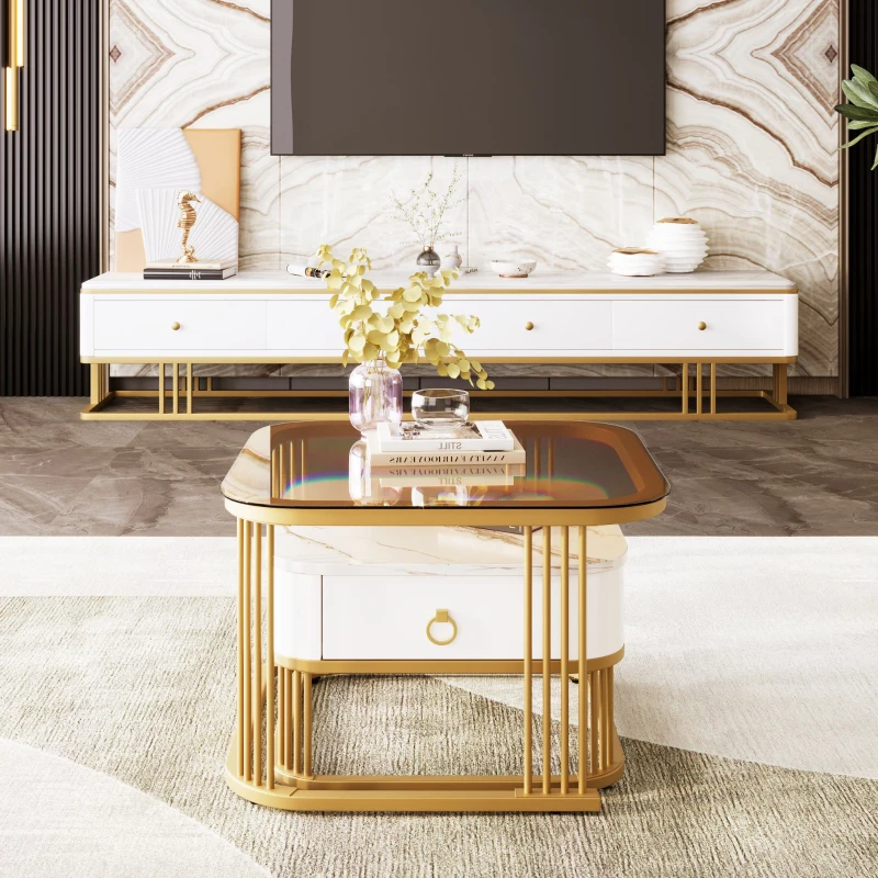 Stapelbarer Couchtisch mit Marmoroptik, Teebraun Glasplatte und vergoldeten Akzenten, zweiteiliges Set mit Schubladen, weiß