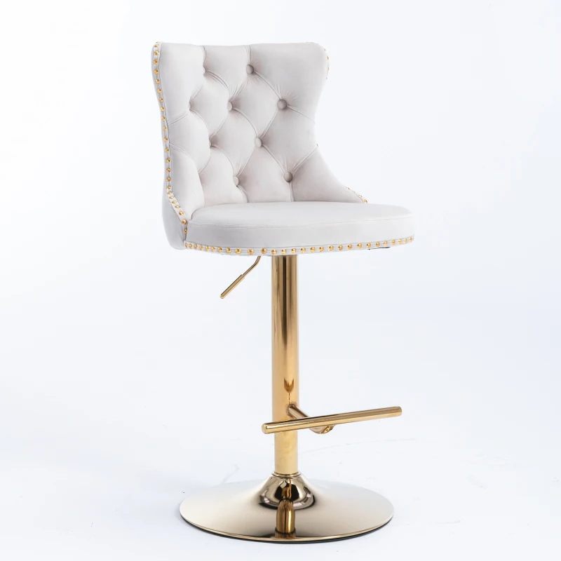 Set of 2 Adjustable Velvet Bar Stools with Backrest, Gold Electroplated Legs, 360° Rotatable, 62-82 cm Height, 45x45 cm Base, Up to 136 kg Load, Beige