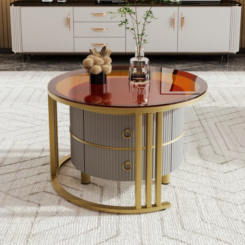 Runder Couchtisch MDF Metallbeine mit Schubladen für Wohnzimmer Gold+Grau