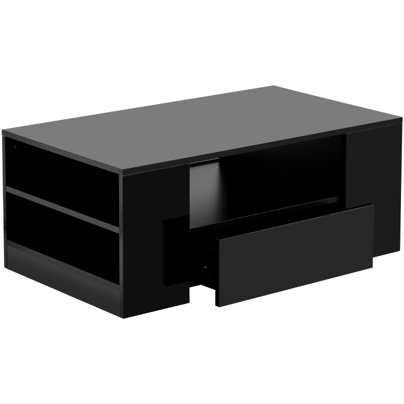 Table basse moderne avec 2 tiroirs et 2 étagères, structure en aggloméré, éclairage LED, 95x53x37 cm en solde, Noir
