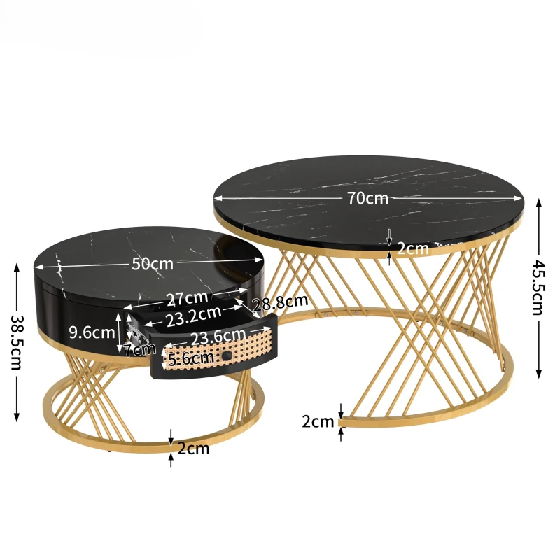 Lot de 2 tables basses gigognes rondes, plateau effet marbre et tiroirs en rotin synthétique, pieds métal, 70x70x45,5 cm + 50x50x38,5 cm, Noir