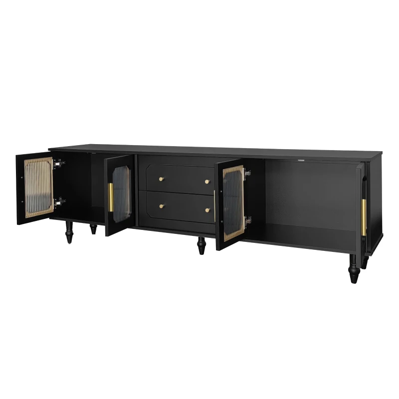 Meuble TV Mobile au Style Rétro avec Poignées Dorées, Grand Espace de Rangement, Porte en Verre et Pieds en Bois Massif, 175x38x55,5 cm, Noir