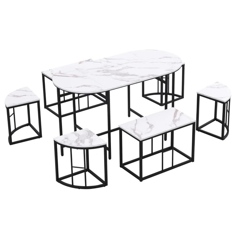 Modern Luxury 6 Seater Dining Table Set with Six Chairs, MDF Seat Cushions and Gold-Plated Iron Frames, Black