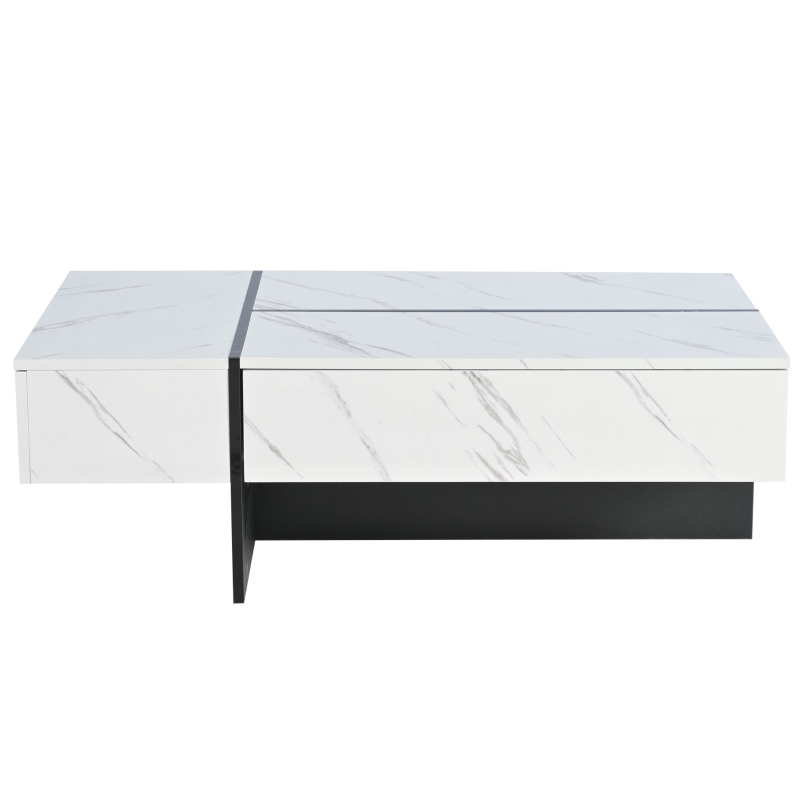 Table basse moderne relevable avec éclairage LED intégré, 16 couleurs, surface brillante effet marbre et 3 tiroirs, 105x60x35 cm, Blanc