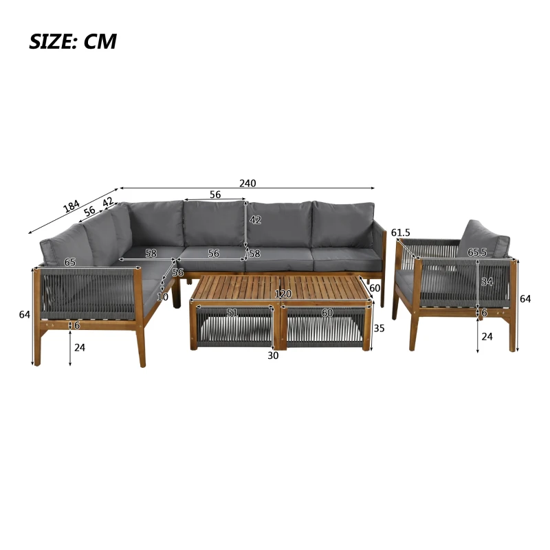 Gartenlounge Set für 7-8 Personen, Akazienholzrahmen, Handgewebtes Seildesign, Abnehmbare und Waschbare Bezüge, Natürlich+Grau