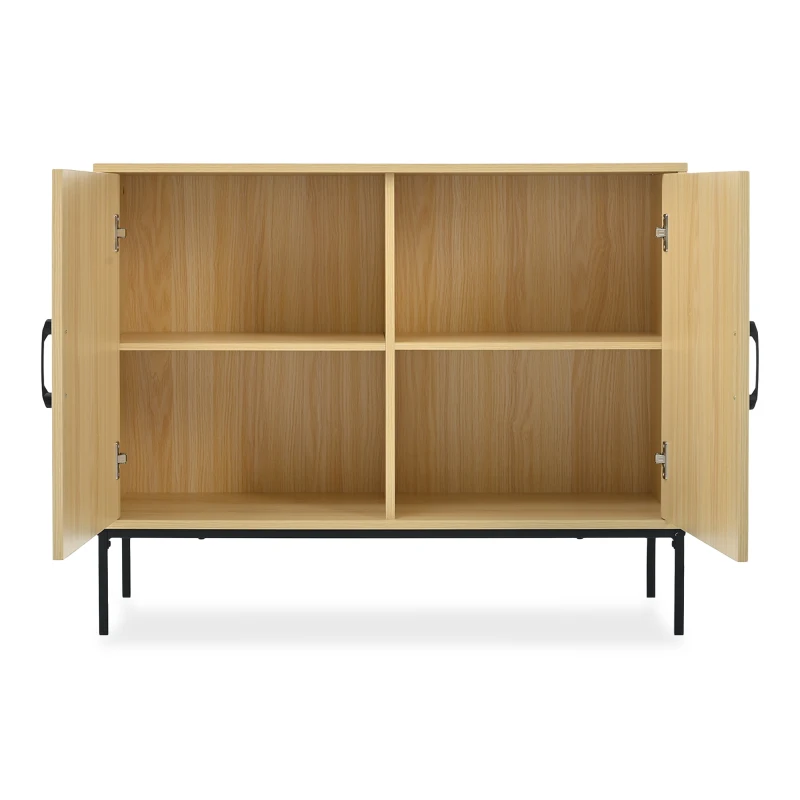 Rattan Aufbewahrungsschrank mit Metallgriffen und verstellbaren Regalböden, stilvoller Wohnzimmerschrank mit natürlichem Design und stabilen Metallbeinen, Helles Eichenholz