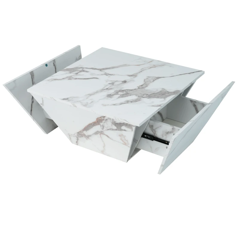 Table Basse Moderne Trapézoïdale en MDF avec Finition Marbre, 2 Tiroirs, Design Unique et Stable, 70x70x37 cm, Blanc