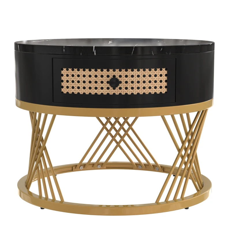 Lot de 2 tables basses gigognes rondes, plateau effet marbre et tiroirs en rotin synthétique, pieds métal, 70x70x45,5 cm + 50x50x38,5 cm, Noir