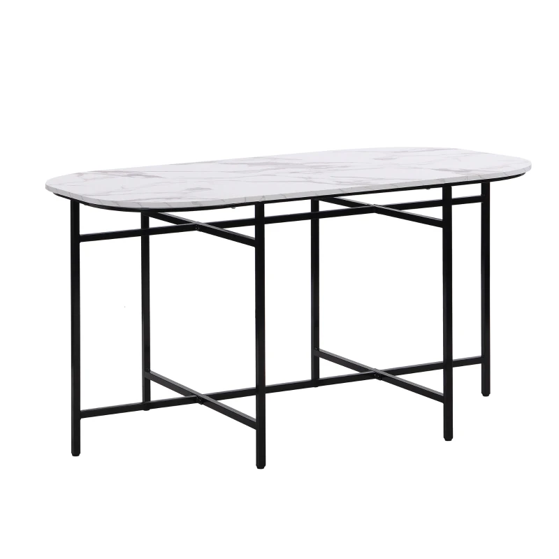 Modern Rattan 6 Seater Garden Dining Table Set with Backrest Chairs and Cushions, Black Iron Frame, 140x80x76 cm, Black