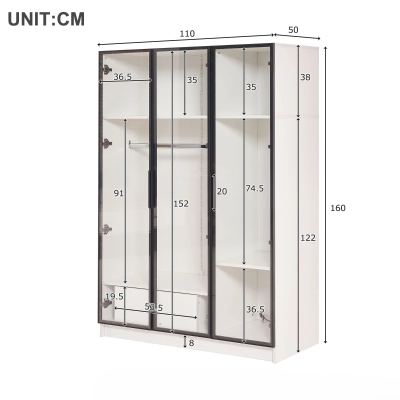 Armoire Penderie Spacieuse avec 3 Portes en Verre, 1 Tiroir et 1 Tringle à Vêtements, Éclairage LED Intégré, 110x50x160 cm, Blanc