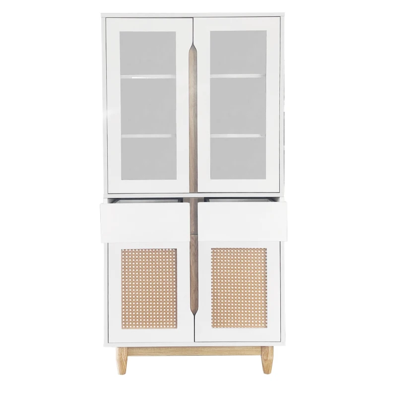 Wohnzimmer-Hochkommode mit Acrylglas-Türen und Rattanmuster, verstellbare Einlegeböden und Echtholzbeine, Natürliche farben