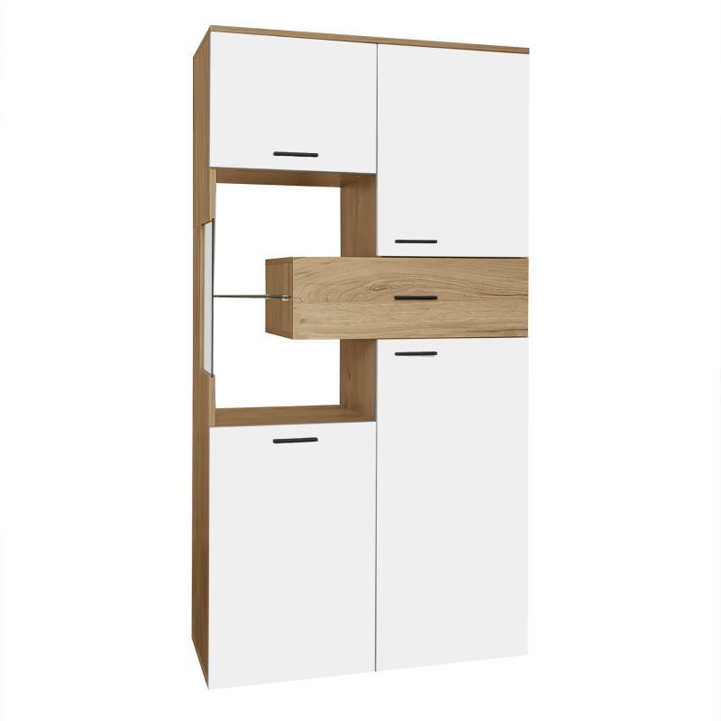 Moderne Hochglanz-Vitrine mit LED-Beleuchtung und Glastüren, App-gesteuert, für Wohnzimmer und Esszimmer, Weiß und Holzfarbe