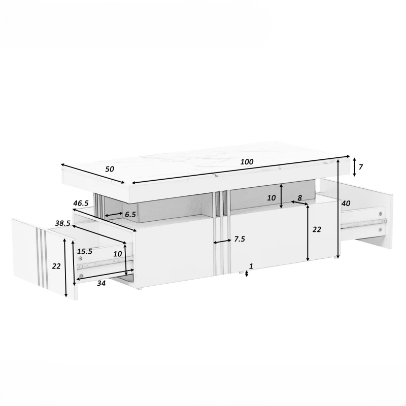 Table Basse de Salon Moderne Rectangulaire avec Plateau en PVC Effet Marbre et 2 Tiroirs, 100x50x40 cm, Blanc