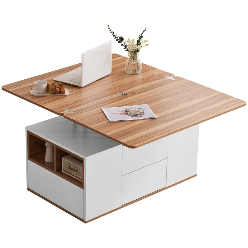Table Basse Relevable Multifonction avec Double Plateau Amovible, Grande Capacité de Rangement, 100x51x47 cm, Blanc