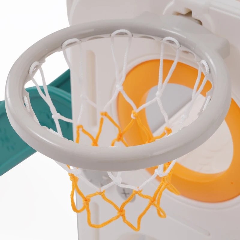 Toboggan pour enfants multifonctionnel 6 en 1 avec rampe, double plateforme, casiers, panier de basket et échelle，174x150x95 cm, Vert antique