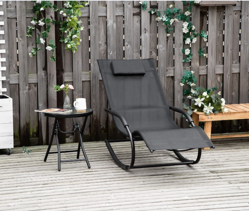 Outsunny Chaise longue à bascule rocking chair ergonomique avec tétière accoudoirs métal galvanisé textilène dim. 63l x 160P x 88H cm noir
