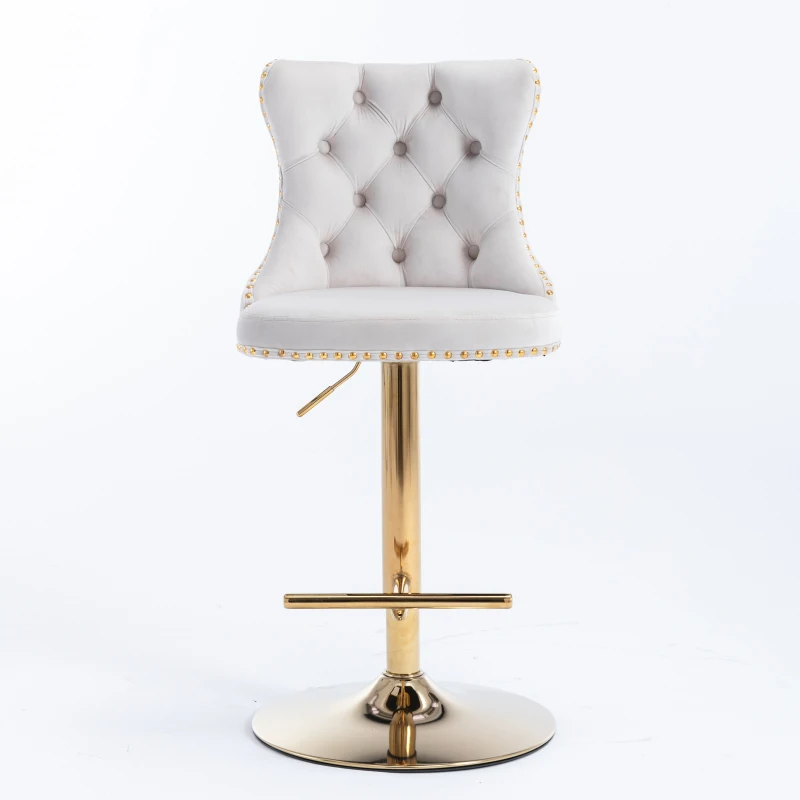 Set of 2 Adjustable Velvet Bar Stools with Backrest, Gold Electroplated Legs, 360° Rotatable, 62-82 cm Height, 45x45 cm Base, Up to 136 kg Load, Beige