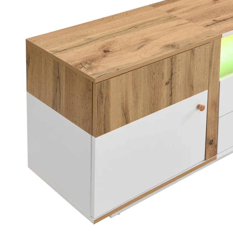 Lowboard TV-Schrank mit LED-Beleuchtung, Glaseinsatz und Schubladen, Natürliche farben