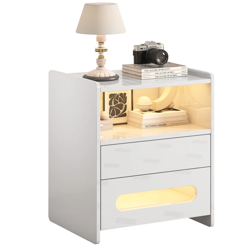 Ensemble de 2 tables de chevet modernes avec éclairage LED, 2 tiroirs et télécommande, en mélamine de haute qualité, pour chambre, Noir + Blanc