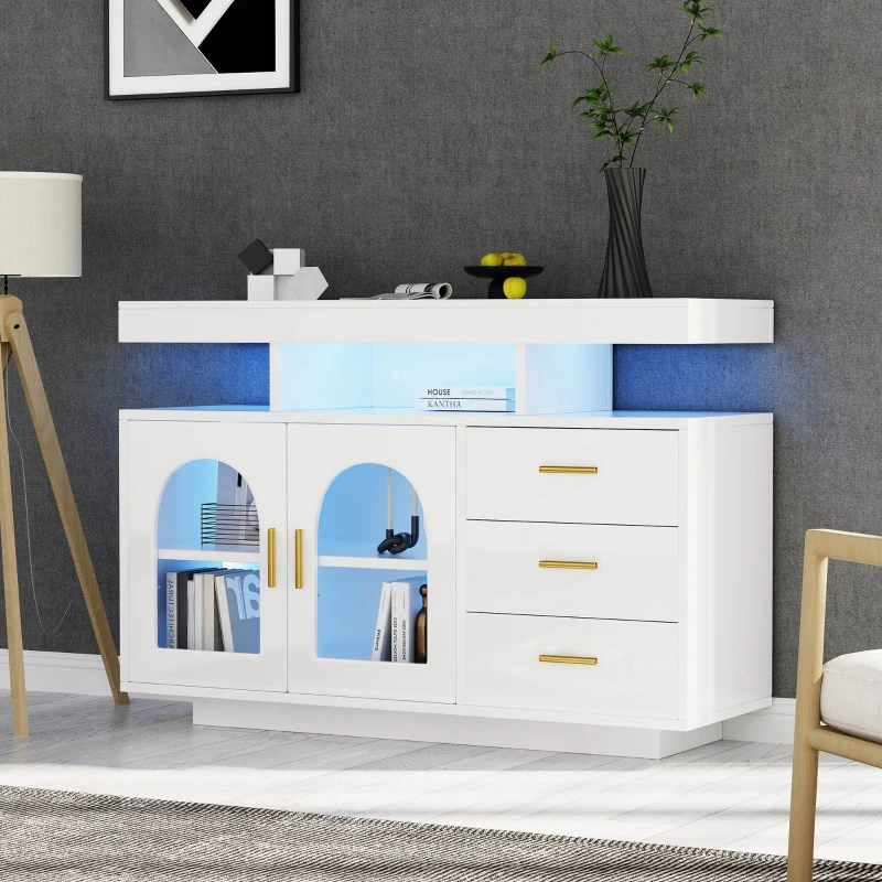 Buffet, armoire basse et commode avec LED, éclairage 16 couleurs, adapté au salon et à la salle à manger, 120x40x80 cm, Blanc