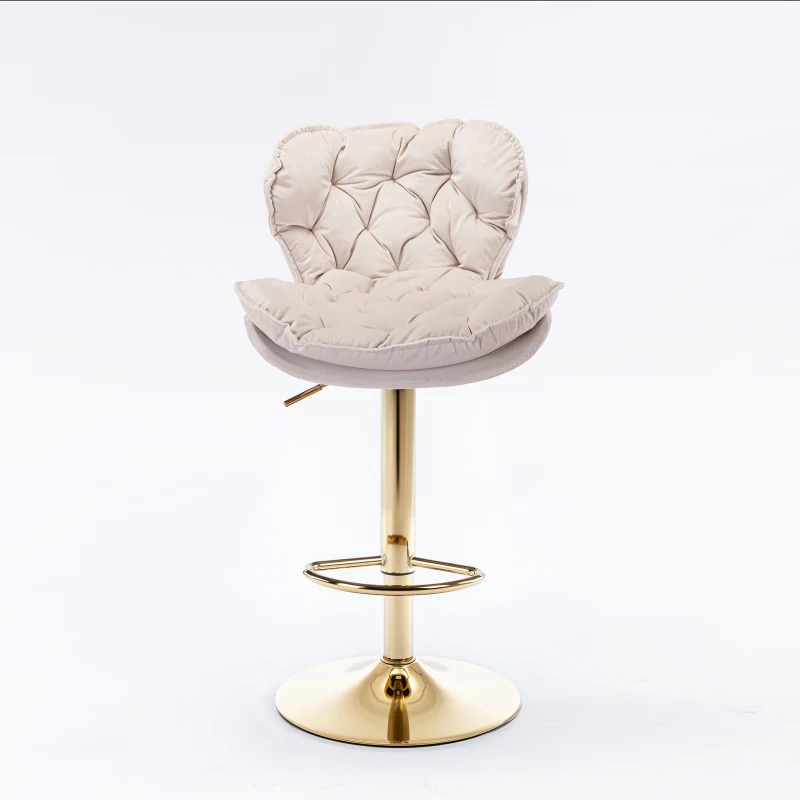 Set of 2 Kitchen Bar Stools with Rolling Edge Backrest and Gold Legs, 360° Rotatable Breakfast Bar Stools with Adjustable Seat Height, Beige