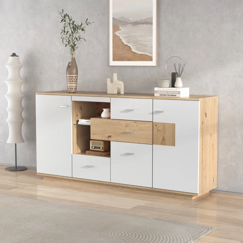 Sideboard weiß, Modernes Sideboard mit LED-Beleuchtung, 160 cm, Holzoptik