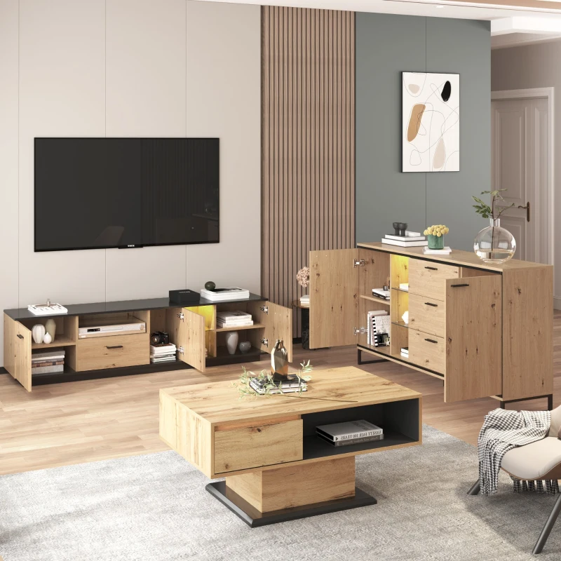 Sideboard 160 cm breit mit 3 Schubladen und 2 Türen, LED-Beleuchtung, großes Stauraum, Schwarz und Holzton