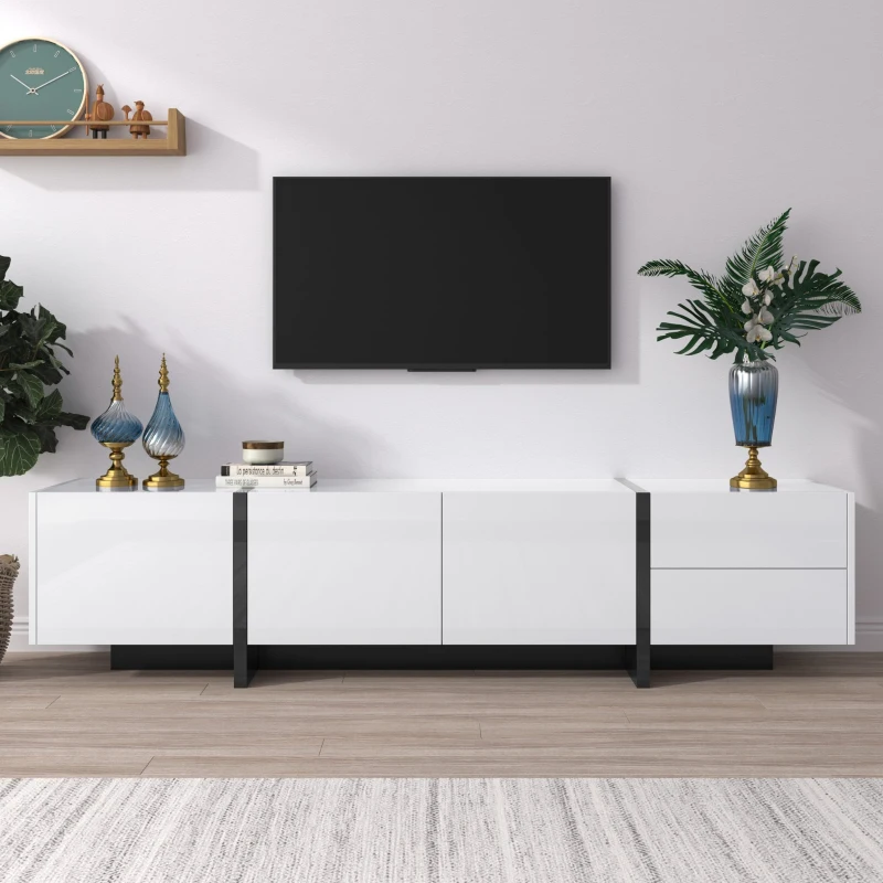 TV-Schrank in Hochglanz mit Türen, Schubladen und Regalen, modernes Design, Weiß und Schwarz
