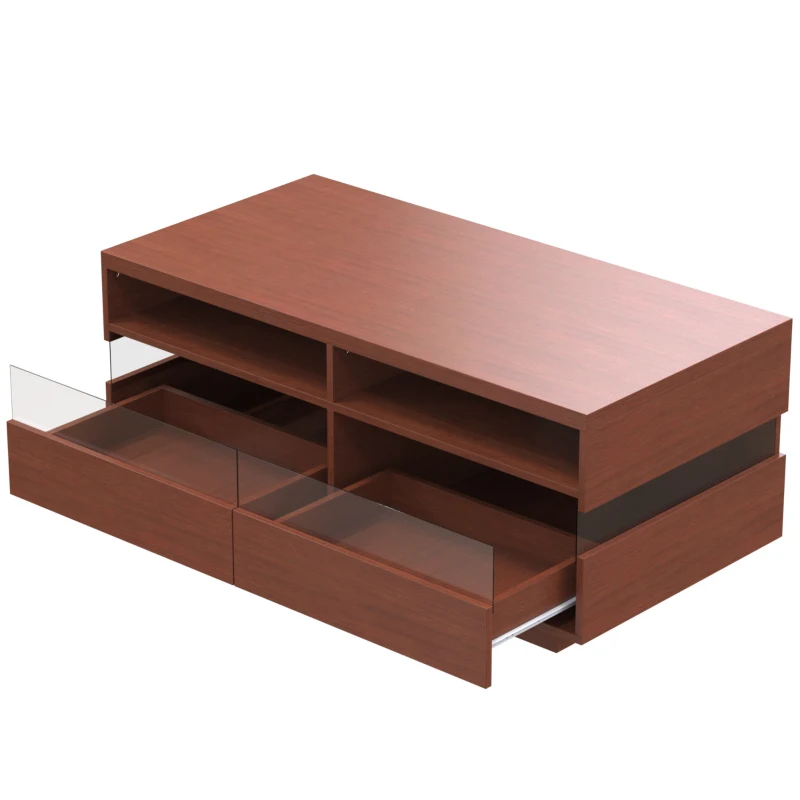 Couchtisch mit LED-Beleuchtung, zwei Schubladen, modernes Design mit Acryl-Elementen, Walnuss