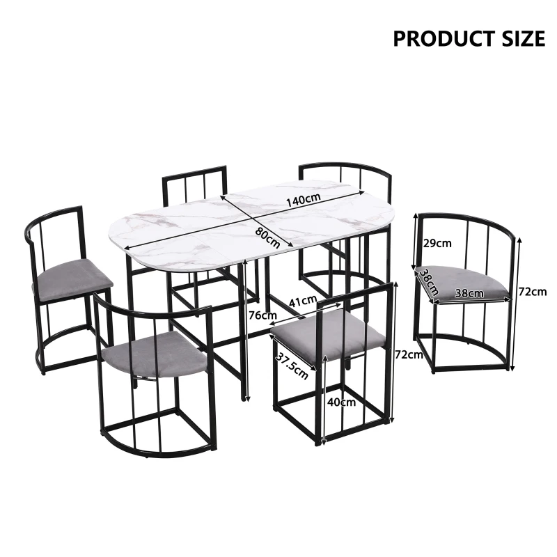 Modern Rattan 6 Seater Garden Dining Table Set with Backrest Chairs and Cushions, Black Iron Frame, 140x80x76 cm, Black