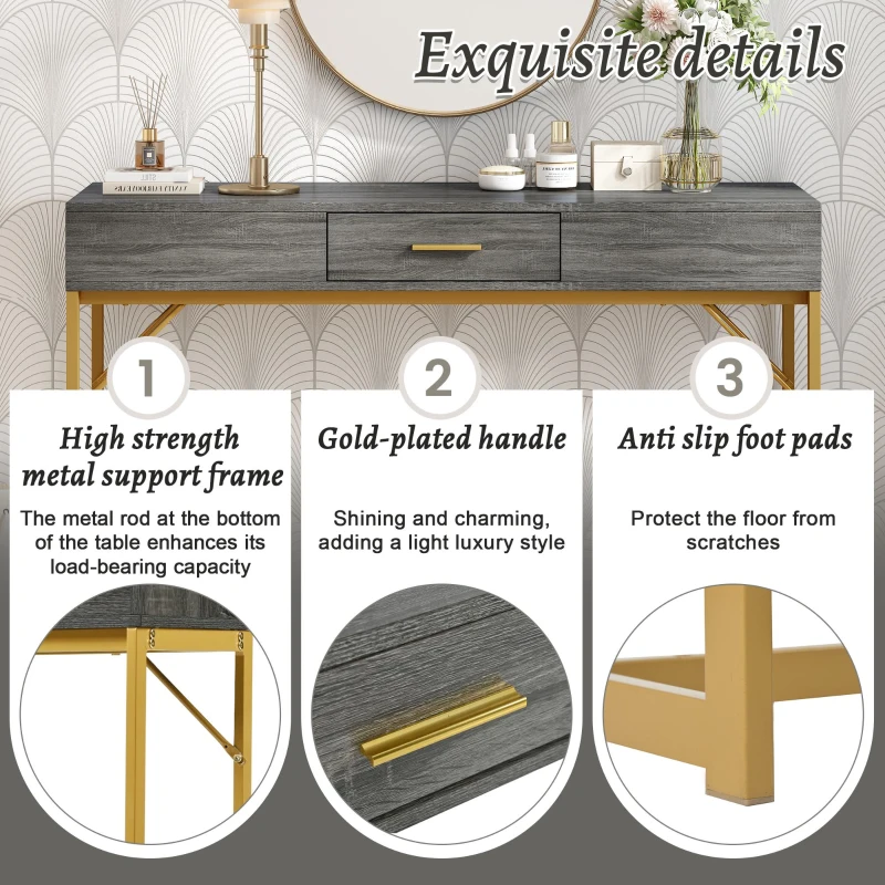 Light Luxury Style Hallway Console Table with Drawer, Metal Frame, MDF Top, Modern Side Table for Living Room, 120x38x76 cm, Grey