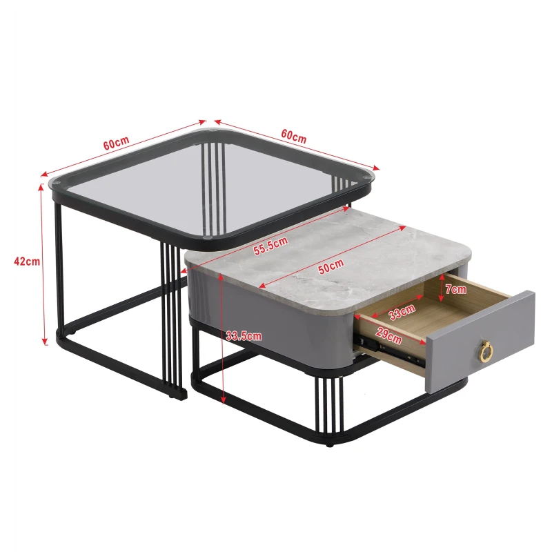 Couchtisch Stapelbarer 2er-Set 60x60 mit Schublade Hochglänzende Marmoroptik Glasplatte schwarze Beine schwarz