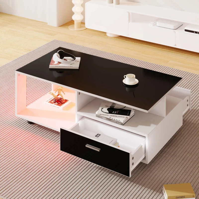 Table Basse Moderne avec Deux Tiroirs, Contrôle via Application Mobile et Éclairage LED, , 110x38,5x55 cm, Noir