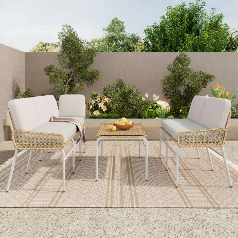 Polyrattan-Garnitur für Garten, Lounge-Set mit Ecksofa, Tisch aus gehärtetem Glas & Auflagen,Hellgrau+Natur