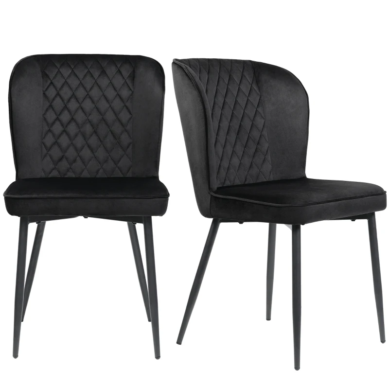 Set of 2 Velvet Black Dining Chairs with Metal Legs and Wing Back, Upholstered Accent Chairs for Dining Room, 47x43x86 cm, Black