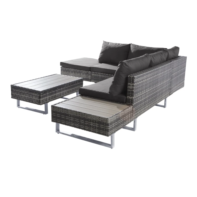 Polyrattan-Garnitur für Garten, 4-5 Personen Lounge-Set mit Ecksofa, Tisch & abnehmbaren Bezügen, Grau