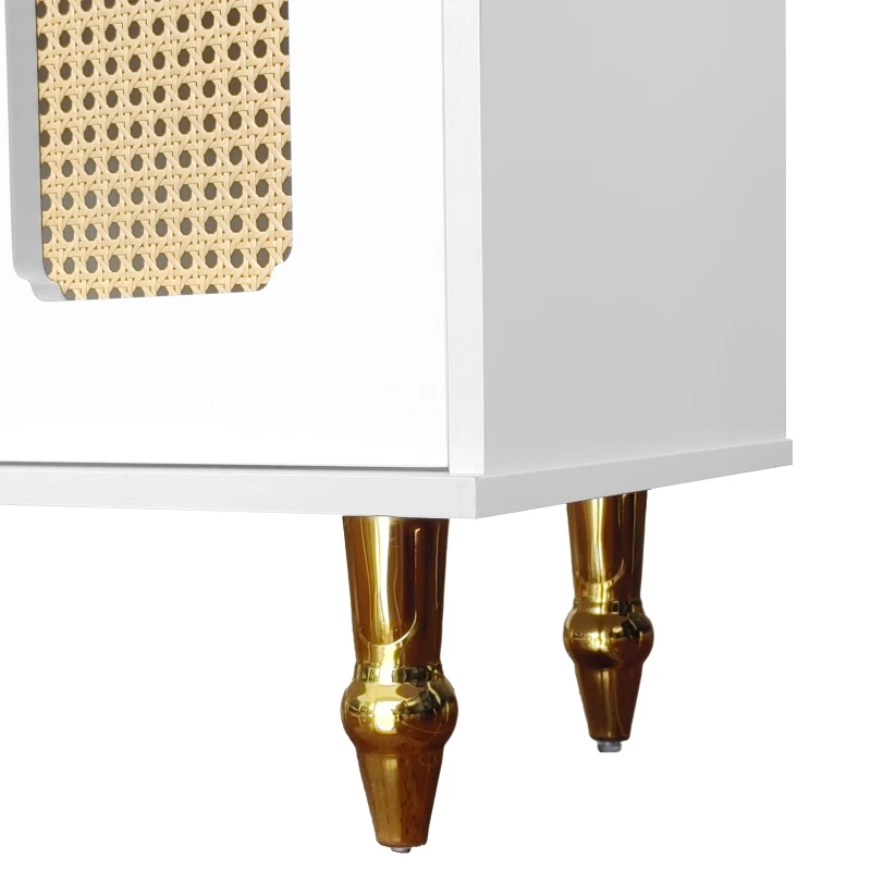 Meuble TV rétro avec poignées dorées, portes en rotin et pieds en métal, grand espace de rangement, 175x38x55,5 cm, Blanc