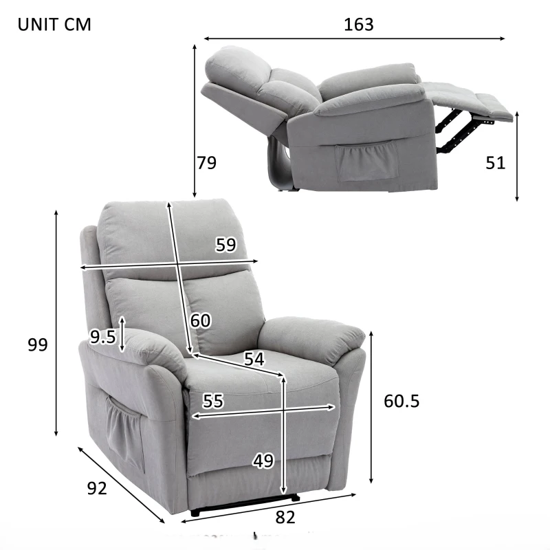 Fauteuil de Relaxation Inclinable Manuel avec Repose-pieds Extensible, Poche Latérale, en Tissu et Éponge, 82x92x99 cm, Gris