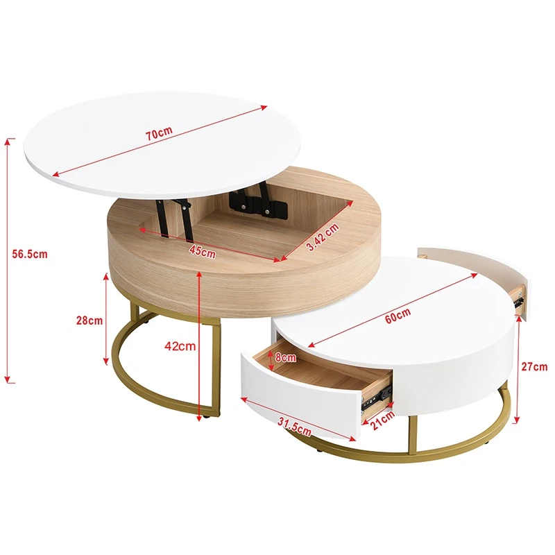 Ensemble de Tables Basses Relevables et Extensibles avec Deux Tiroirs, Design Élégant en MDF, 70x70x42/56,5 + 60x60x24 cm, Blanc