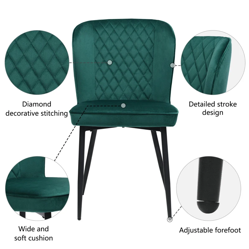 Set of 2 Upholstered Modern Wingback Chair with Metal Legs, Velvet Accent Chairs for Dining Room, Living Room, Kitchen, 47x43x86 cm, Green