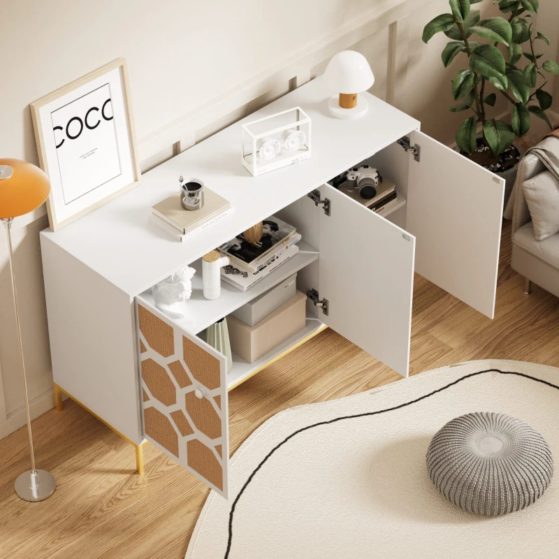 Dreitüriges Sideboard mit Rattantüren, verstellbaren Einlegeböden und vergoldeten Füßen für das Wohnzimmer, Weiß