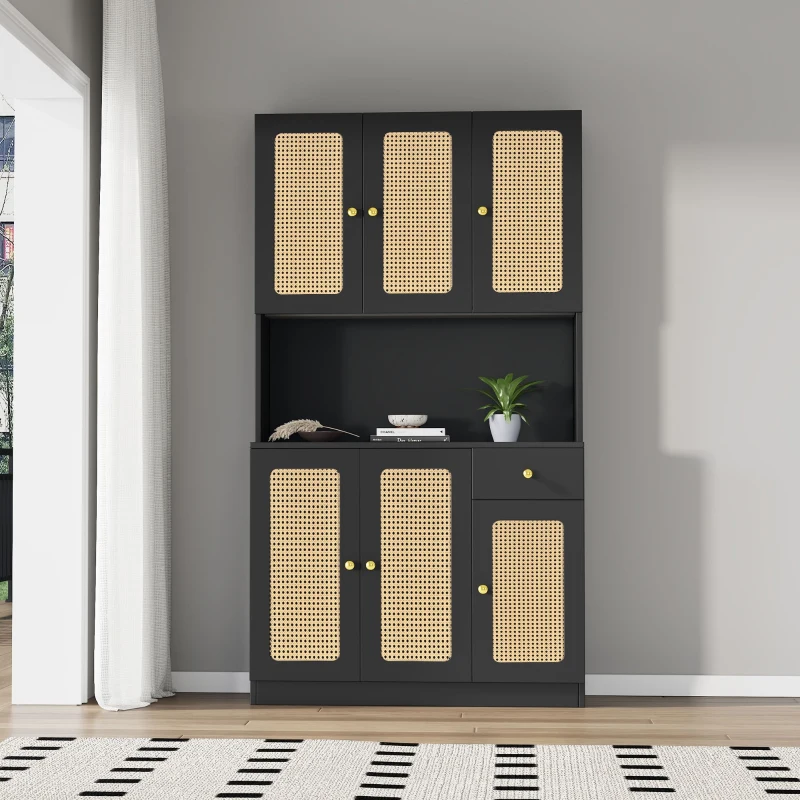 Armoire haute en rotin avec 6 portes et tiroir central ouvrant, adaptée pour séjour et entrée, 100x24-38x180 cm - meuble de rangement moderne, Noir