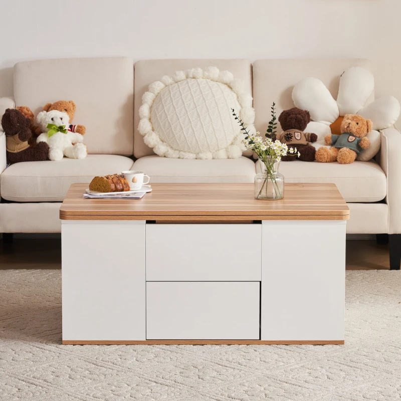 Table Basse Relevable Multifonction avec Double Plateau Amovible, Grande Capacité de Rangement, 100x51x47 cm, Blanc