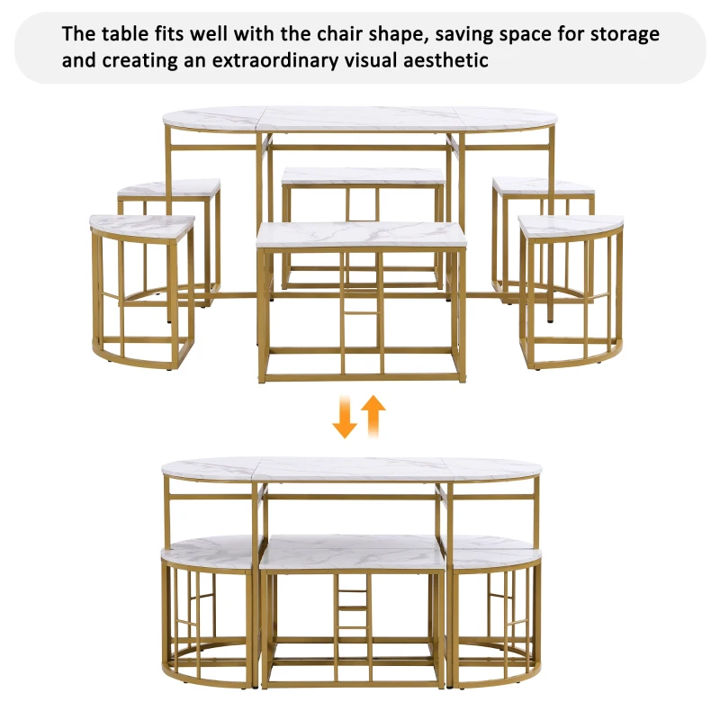 Modern Luxury Rattan 6 Seater Dining Table Set with Six Chairs, MDF Seat Cushions and Gold-Plated Iron Frames, Gold