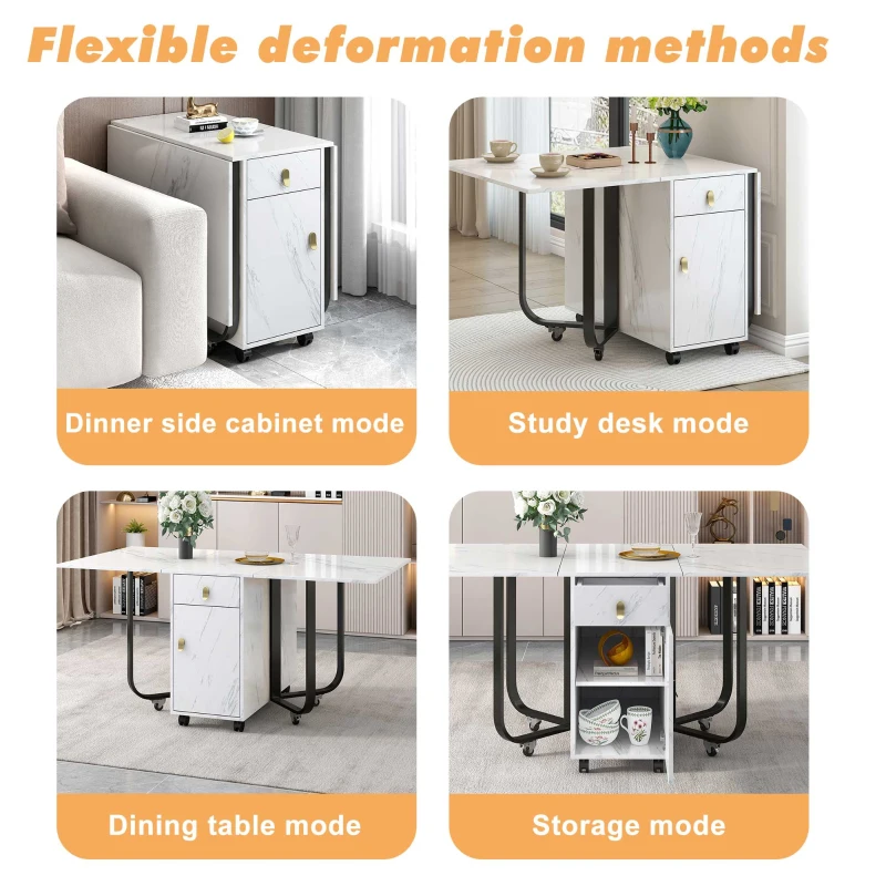 Folding Dinning Table with Goldplated Handles, 3 Extensive Modes for Learning&Dinning, Metal Frame - White/Black