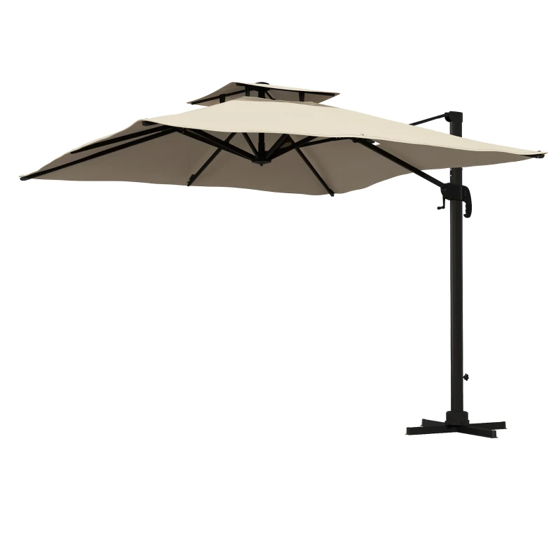 Outsunny Chapéu de Sol de Alumínio Chapéu de Sol Excêntrico com Manivela Teto Duplo Inclinável Mastro Giratório 360° Ø295x270 cm Cáqui
