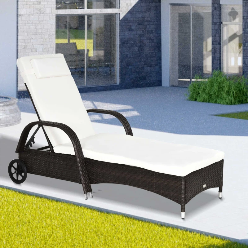 Outsunny Brown Rattan Sun Lounger w/ Adjustable Steel Frame,200Lx73Wx56-103H cm